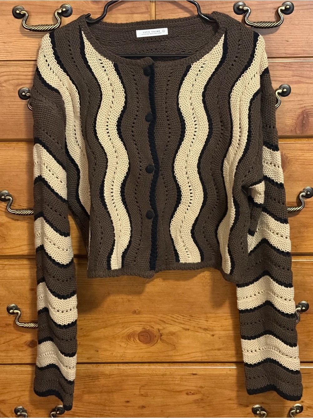12th Tribe Brown, Cream & Black Wave-Stripe Cropped Cardigan